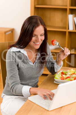 Home working lunch smiling woman with laptop