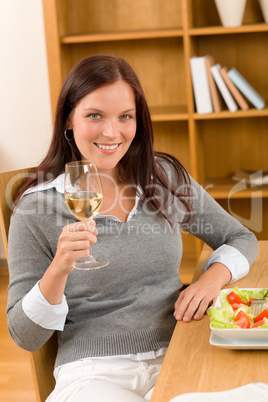 Healthy lunch at home woman drink wine