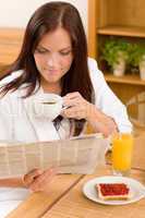 Breakfast at home happy woman read newspapers