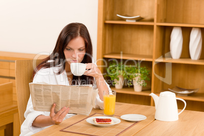 Breakfast at home happy woman read newspapers