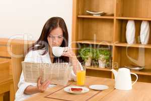 Breakfast at home happy woman read newspapers