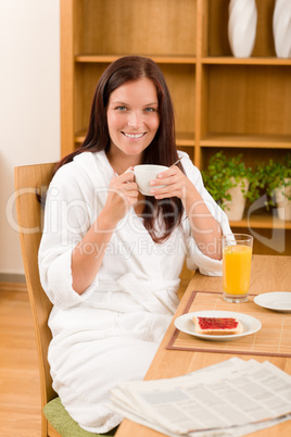 Breakfast at home happy woman with coffee Breakfast at home happy woman with coffee