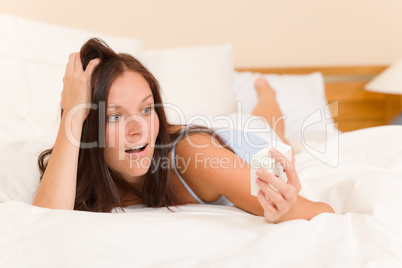 Shocked woman wake-up bed watch alarm clock