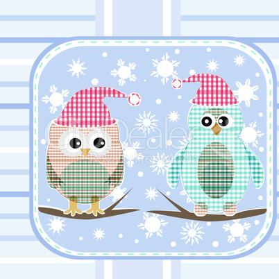 illustration of an owl and a penguin on a tree under snowfall