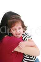 Little girl crying in mothers arm, isolated on white