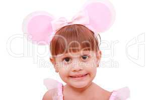 Portrait of girl with bunny ears headband,  isolated on white ba