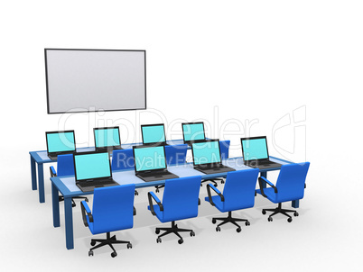 Modern classroom with computers, 3d render