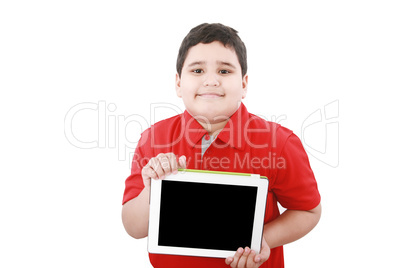 Young boy holding a tablet computer isolated on white