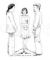 woman and two men talking