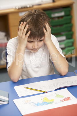 Stressed Schoolboy Studying In Classroom