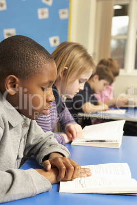 Schoolboy Reading Book In Classroom