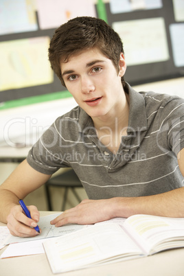 Male Teenage Student Studying In Classroom