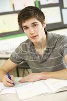 Male Teenage Student Studying In Classroom