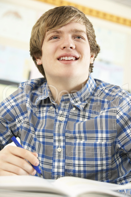 Male Teenage Student Studying In Classroom