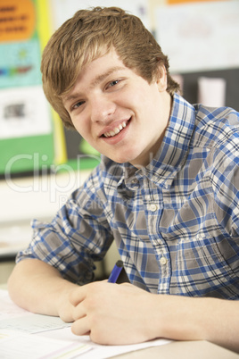 Male Teenage Student Studying In Classroom