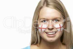 Young Female Sports Fan With St Georges Flag Painted On Face