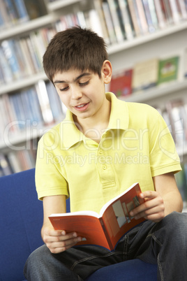 Male Teenage Student In Library Reading Book