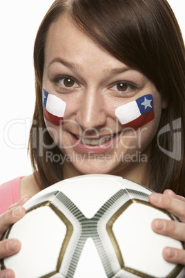 Young Female Football Fan With Chilean Flag Painted On Face