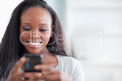 Close up of woman typing text