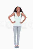 Woman with both arms akimbo on white background