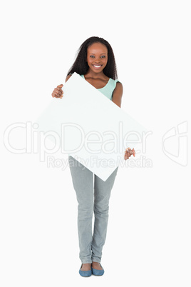 Woman holding placeholder on white background