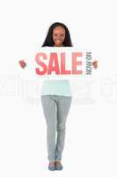 Woman with ad on white background