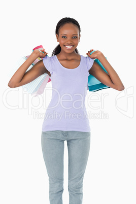 Close up of woman with shopping on white background