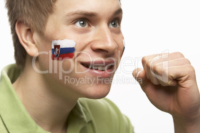 Young Male Sports Fan With Slovakian Flag Painted On Face