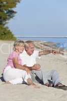 Happy Senior Couple Sitting Pointing on Beach