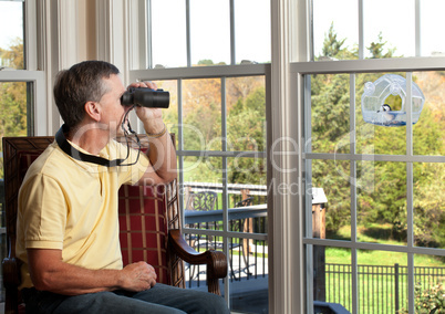 Man watching bird on feeder