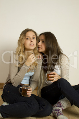 Two attractive friends drinking tea