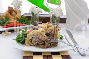 Chicken leg stuffed with mushrooms in pastry (cut)