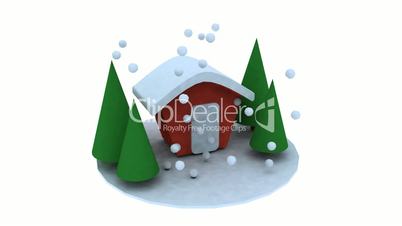 Rotation of 3D Christmas House and tree.shiny,pine,cedar,snow,winter,season,Christmas,