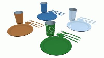Rotation of 3D Tableware.dishware,fork,restaurant,dinner,knife,plate,