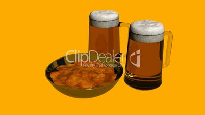 Rotation of 3D beer and Potato chips.alcohol,drink,lager,gold,froth,beverage,liquid,bar,foam,pub,