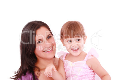 Mommy holding and smiling her girl dressed as a ballerina