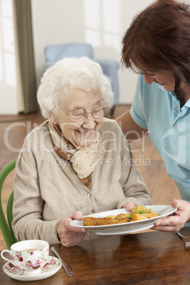 Senior Woman Being Served Meal By Carer