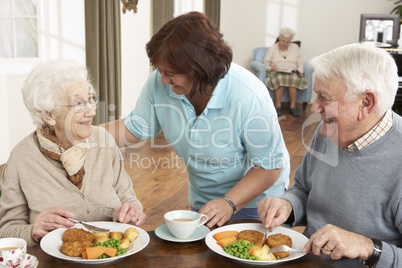 Senior Couple Being Served Meal By Carer