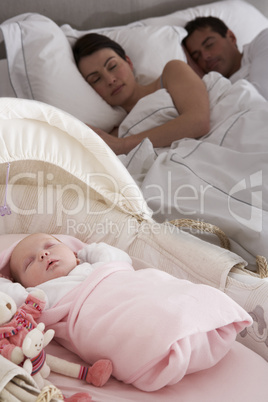 Newborn Baby Sleeping In Cot In Parents Bedroom