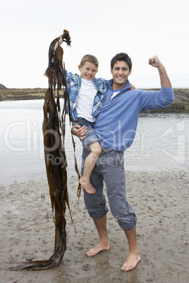 Father and son on beach