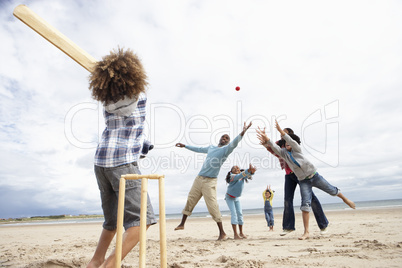 Family playing cricket on beach