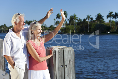 Happy Senior Couple Waving Outside in Sunshine by Sea