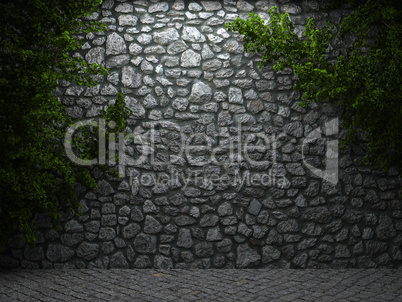 illuminated stone wall and ivy
