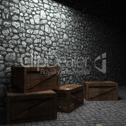 illuminated stone wall and boxes