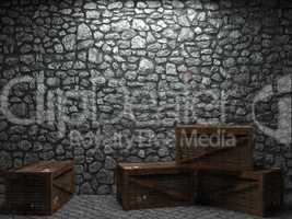 illuminated stone wall and boxes