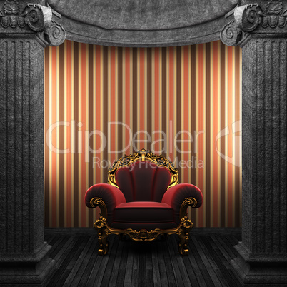 stone columns, chair and wallpaper