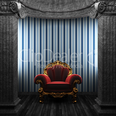 stone columns, chair and wallpaper