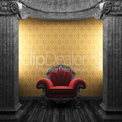 stone columns, chair and wallpaper