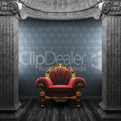 stone columns, chair and wallpaper