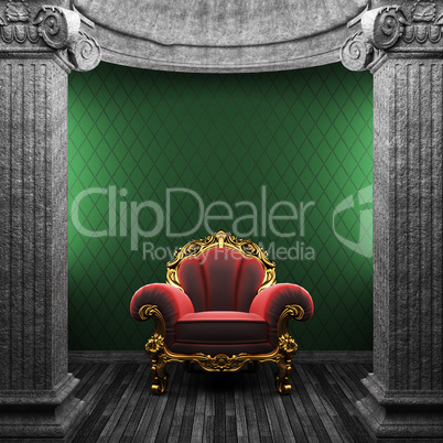 stone columns, chair and wallpaper